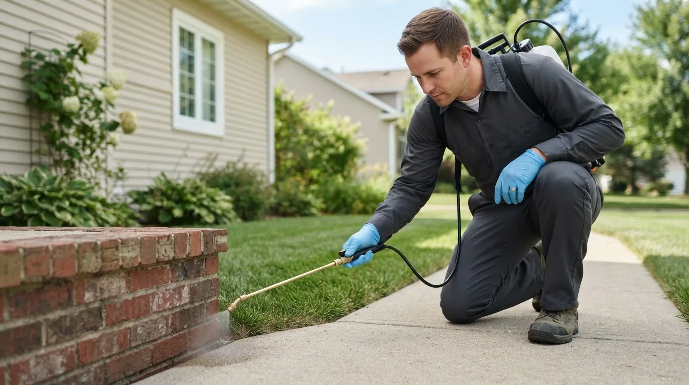 Pest control technician treating a home near Williamsfield, OH