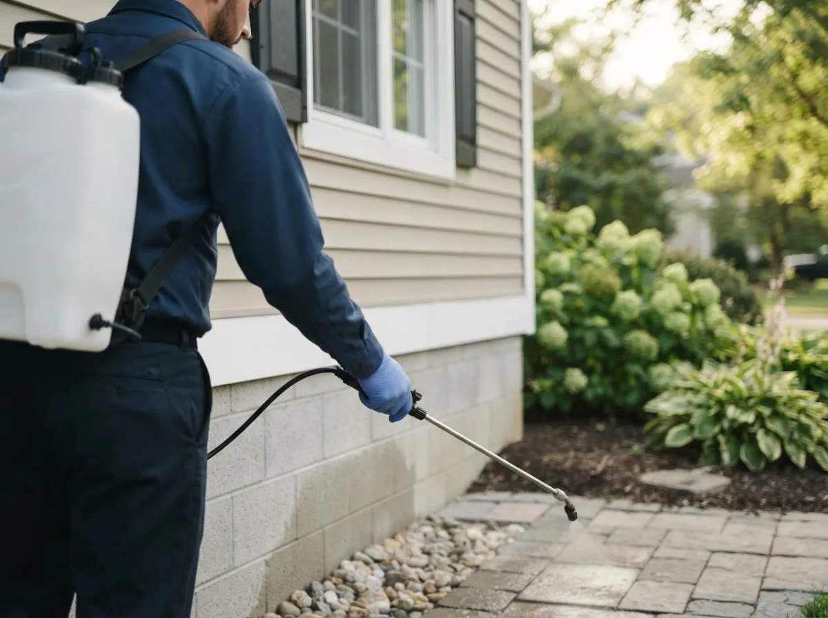 Pest control technician inspecting a home in Williamsfield, OH